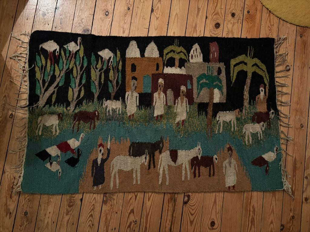 Unieke vintage Egyptische 100% wollen wandtapijt handgeweven, Ophalen of Verzenden