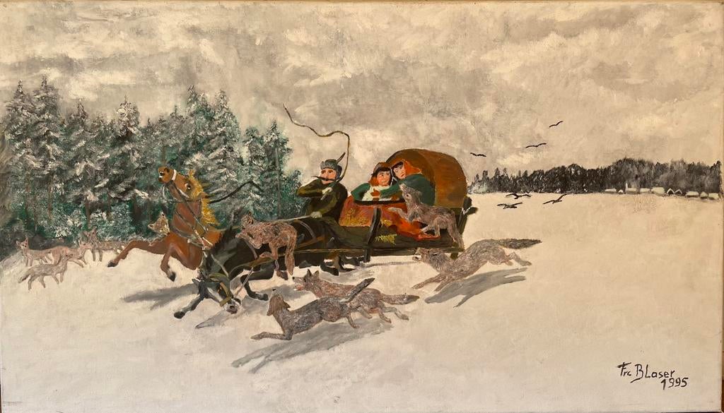 Peinture sur toile : scène hivernale avec chevaux et loups, Antiquités & Art, Enlèvement