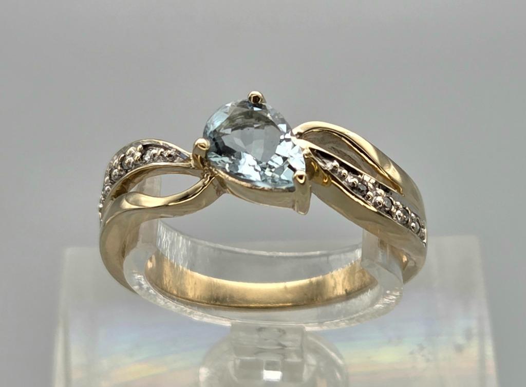 Bague vintage en or aigue-marine et diamant. 2025/675., Bijoux, Sacs & Beauté, Bagues, Comme neuf, Or, 17 à 18, Bleu