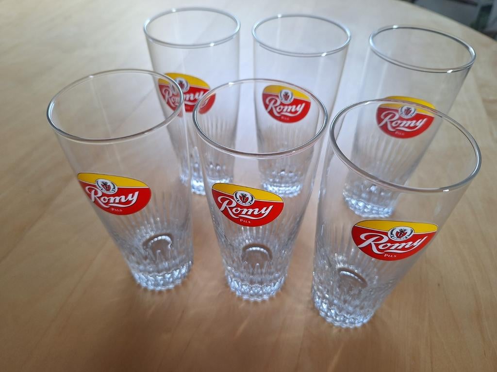 6 bierglazen, Romy pils, Verzamelen, Ophalen, Zo goed als nieuw, Glas of Glazen, Overige merken