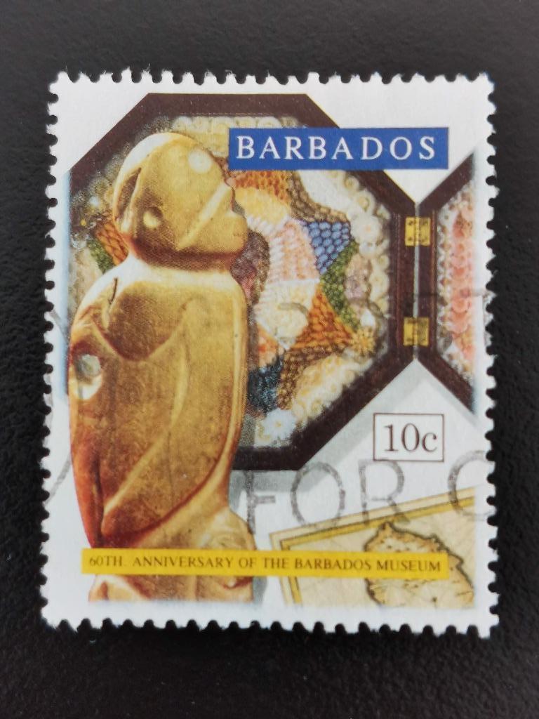 Barbados 1993 - kunst- inlegwerk met schelpen, beeldje, Ophalen of Verzenden, Gestempeld, Midden-Amerika