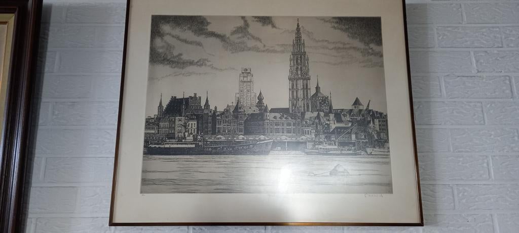 Tekening skyline Antwerpen, Antiek en Kunst, Kunst | Etsen en Gravures, Ophalen