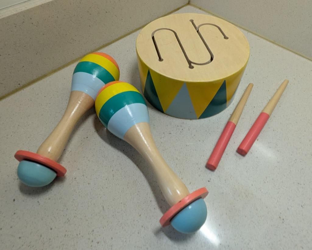 2 houten muziekinstrumenten: trommeltje + sambaballen € 5, Ophalen of Verzenden, Zo goed als nieuw, Overige typen