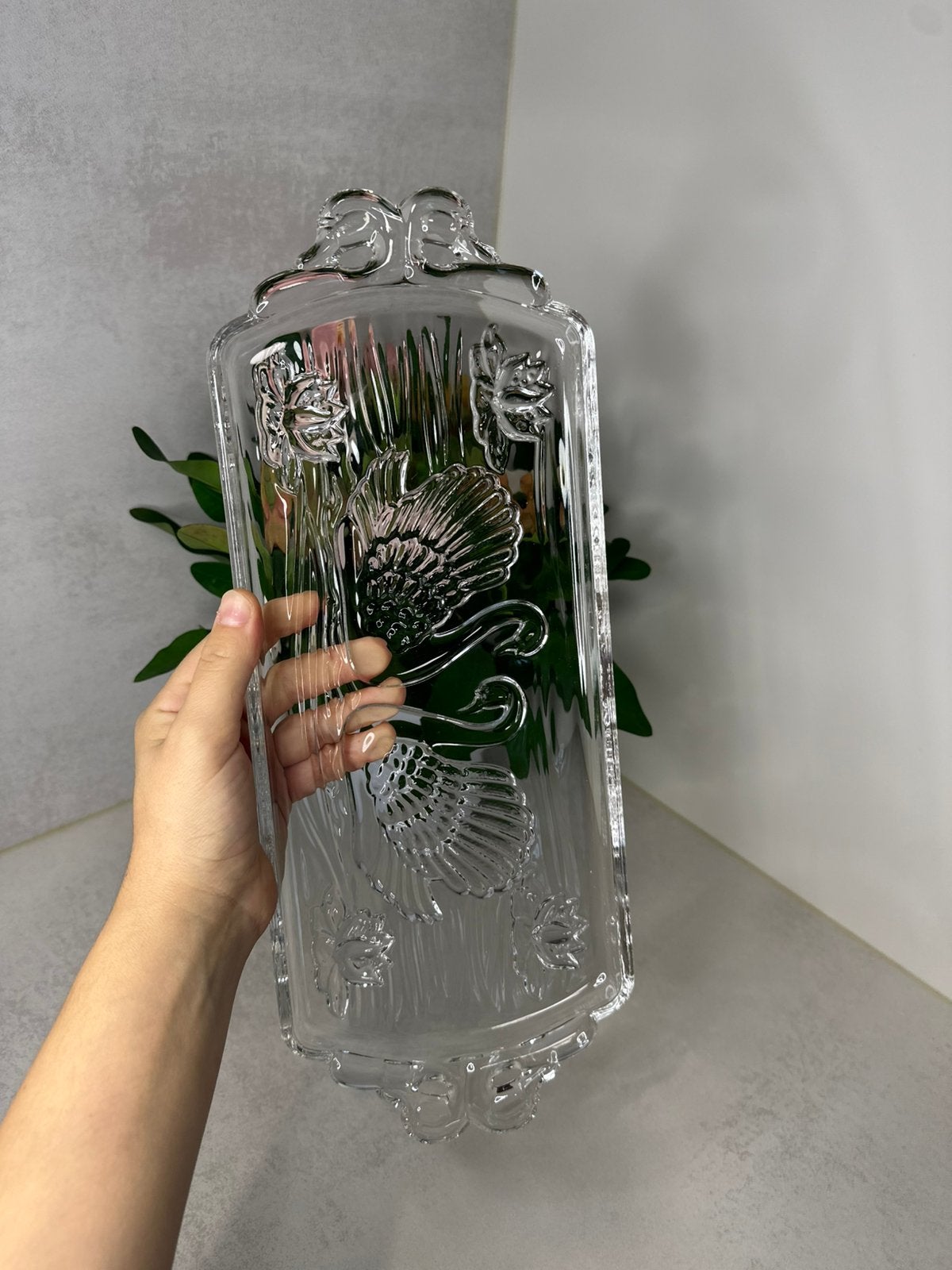 Vintage Walther Glas cake schaal met zwanen, Ophalen of Verzenden