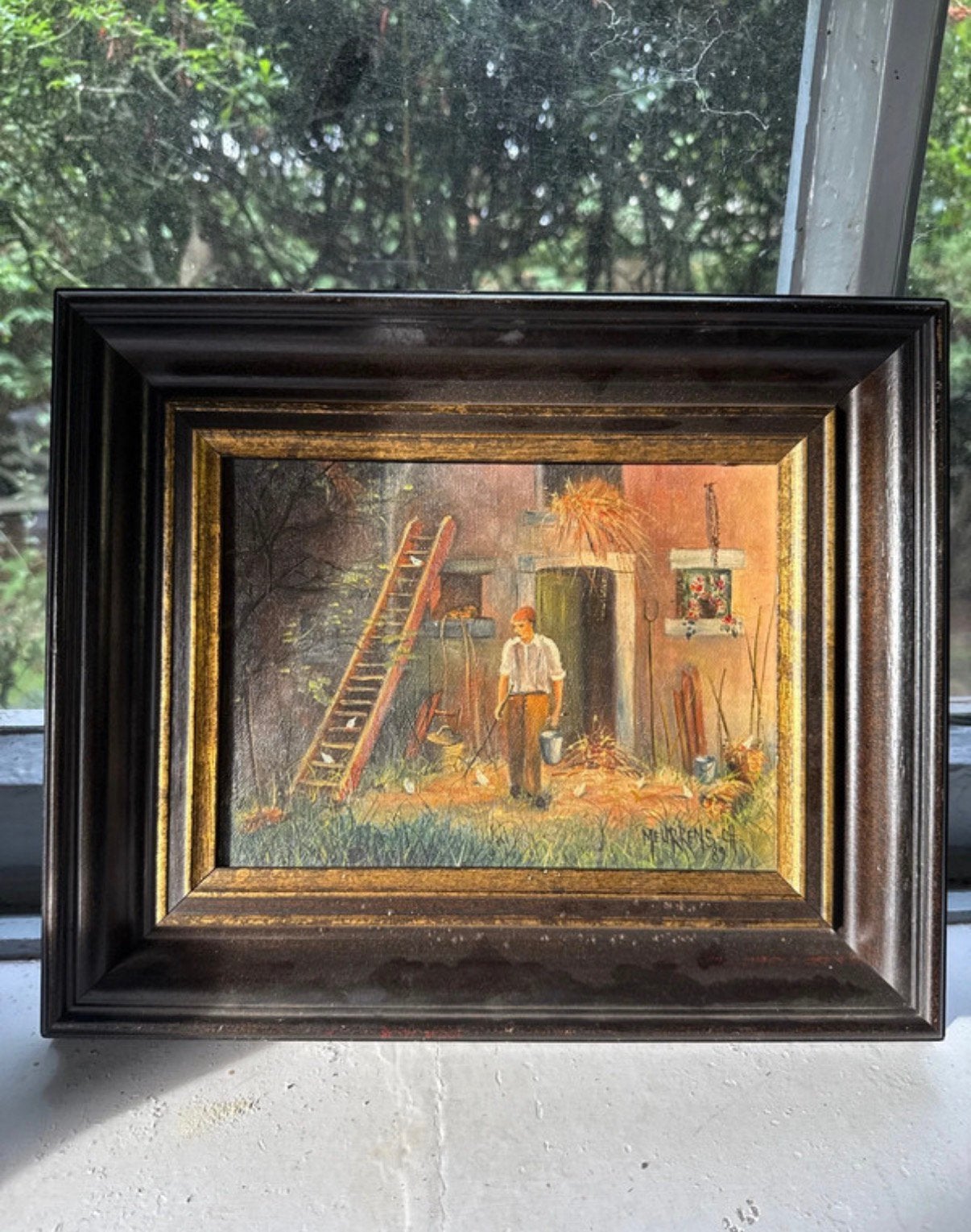 Peinture à l'huile sur toile, scène de ferme, signée, Enlèvement, Daté, Peinture à l'huile