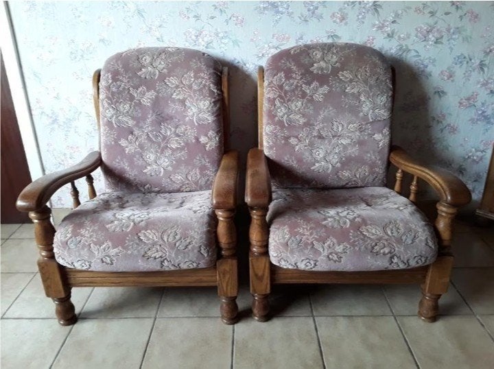 2 fauteuils en bois/tissus vintage, Maison & Meubles, 75 à 100 cm, Enlèvement, Utilisé, 50 à 75 cm