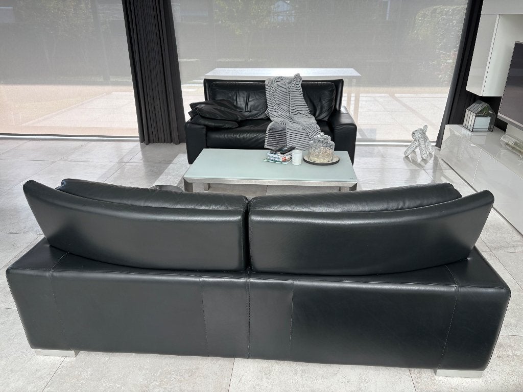 Zwart kwaliteitslederen salon (3-zit + 2-zit) - Superdeal!, Ophalen, Gebruikt, Design, 150 tot 200 cm
