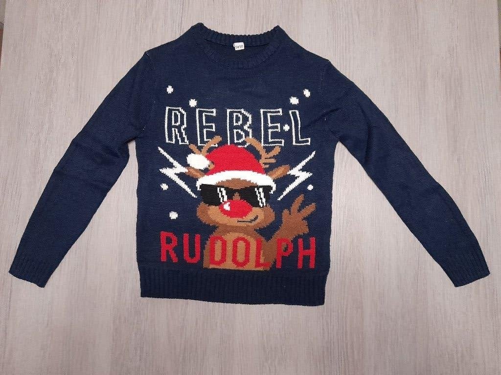 Donker blauwe kersttrui 134/140, Enfants & Bébés, Enlèvement ou Envoi, Comme neuf, Garçon ou Fille, Pull ou Veste