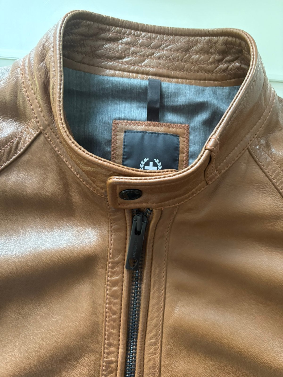 STRELLSON — Cognac lamsleren jas — Maat 52, Kleding | Heren, Ophalen, Zo goed als nieuw, Maat 52/54 (L), Bruin