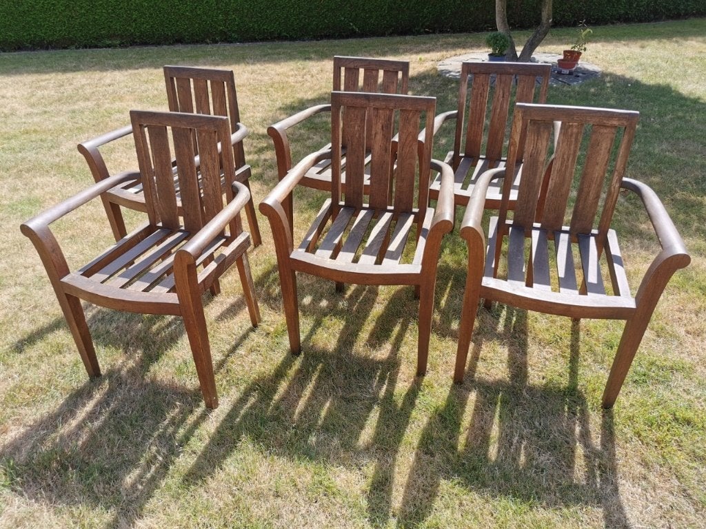 6 stapelbare teak tuinstoelen, Tuin en Terras, Tuinstoelen, Ophalen, Gebruikt, Teakhout, Stapelbaar