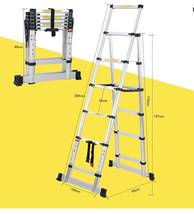 Telescopische ladder, inklapbaar, 1,7 m + 2,0 m, 150 kg, Doe-het-zelf en Bouw, Ophalen, Nieuw, Ladder, Opvouwbaar of Inschuifbaar