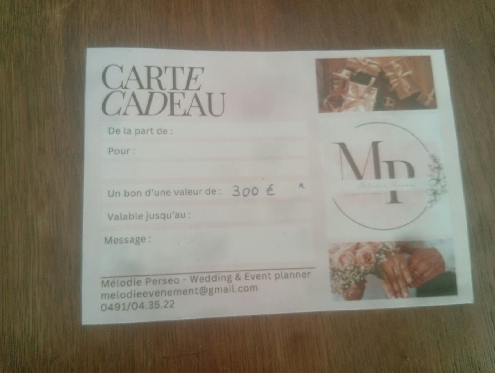 Bon d’achat / Carte cadeau "Mélodie Perseo - Wedding & Event, Tickets en Kaartjes, Eén persoon, Kortingsbon, Overige typen