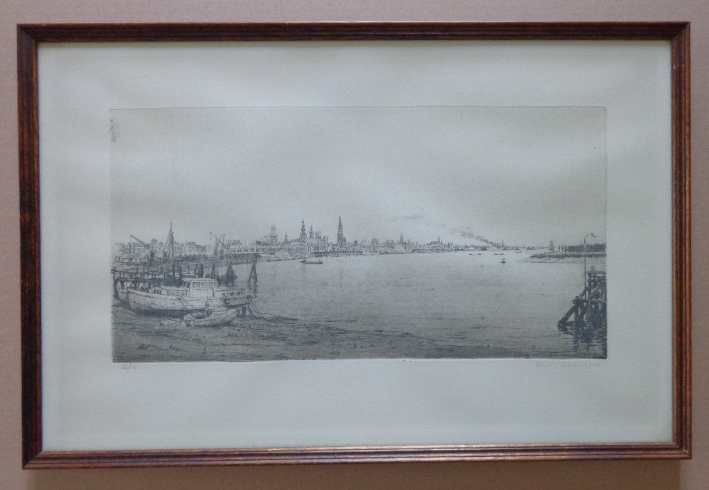 ROMAIN MALFLIET / ANTWERPEN / ZW-W ETS / 34x51cm / KADER, Enlèvement ou Envoi, Paysage, Eau-forte, Numéroté
