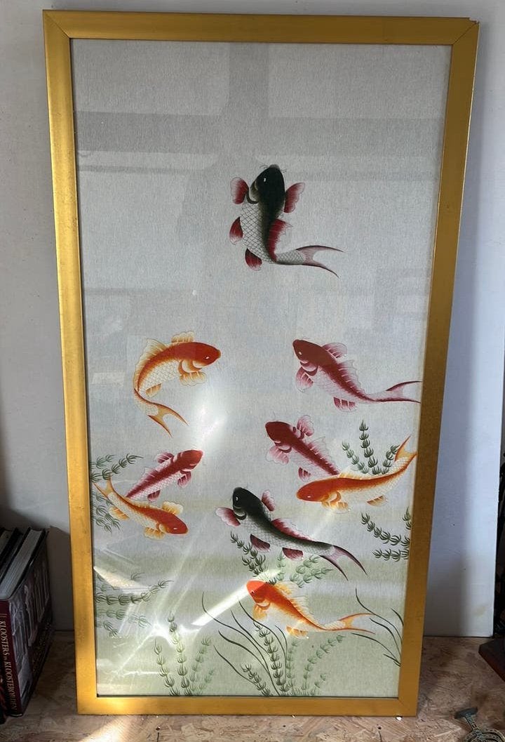 Handgeweven Vietnamees doek met vissen, Antiek en Kunst, Ophalen, Wanddecoratie, Textiel, Op te hangen