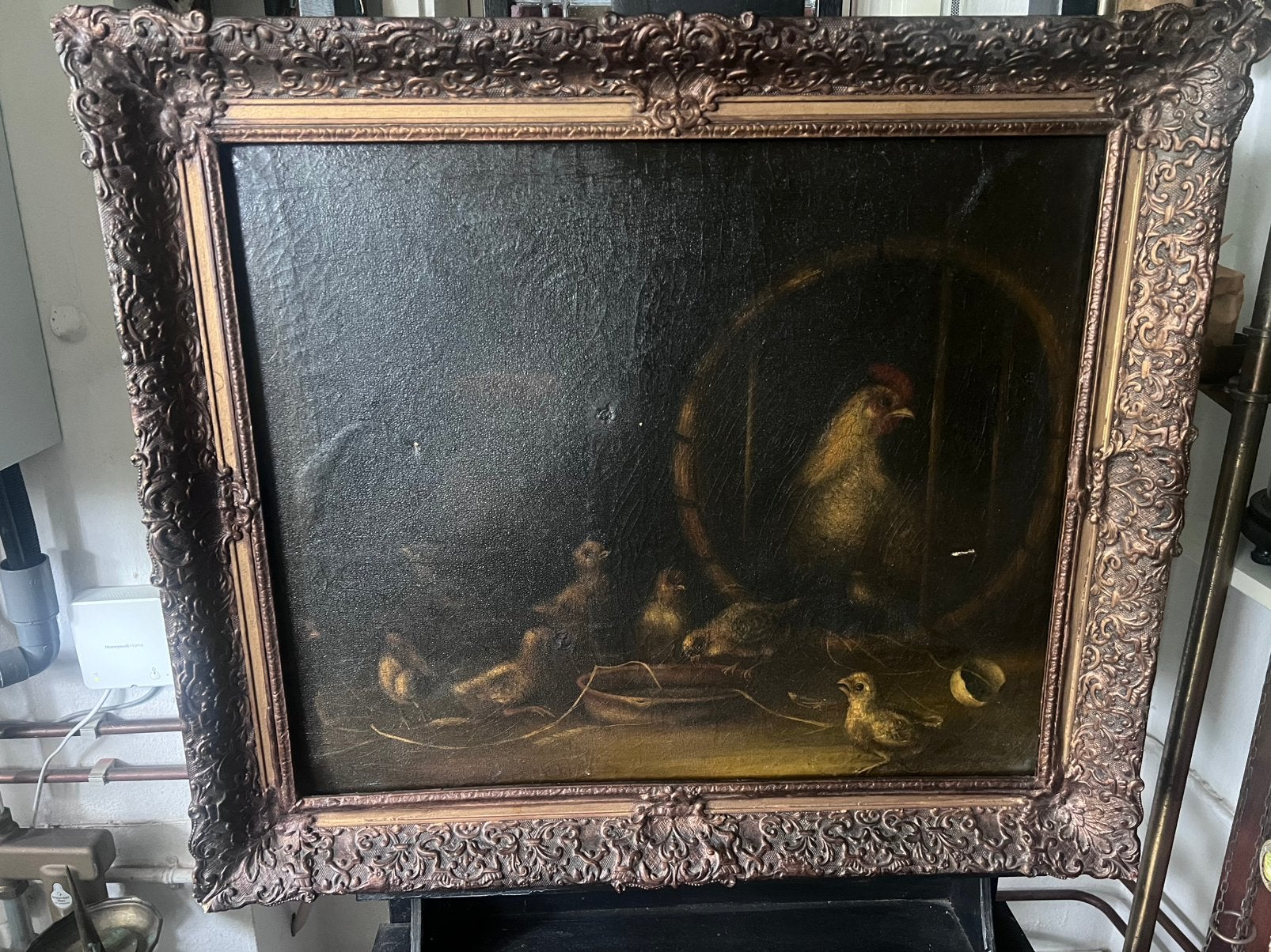 Oud Hollands Schilderij: Kip met Kuikens in Kooi 73x63 cm, Antiek en Kunst, Ophalen, Doek, Oud hollands, Handgeschilderd