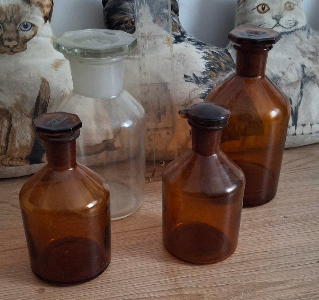 Set oude amberkleurige glazen apotheekpotjes/flessen, Antiek en Kunst, Ophalen