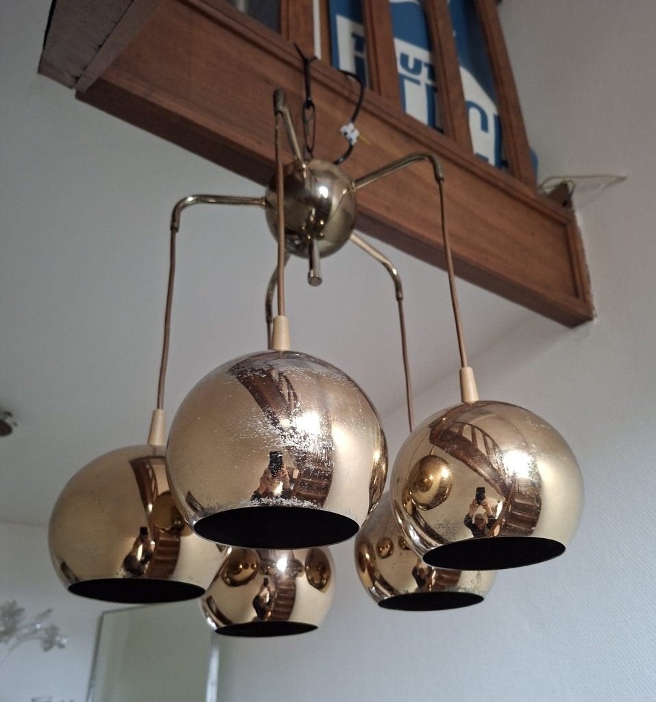 Vintage hanglamp, 5 bollen, messing, Ophalen of Verzenden, Metaal, Modern, E27 (groot)