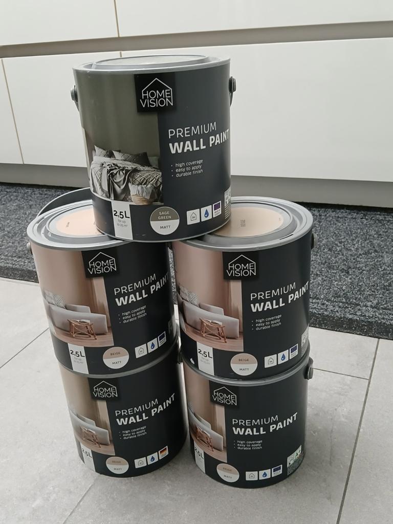5 potten verf van 2,5 liter ongeopend, Ophalen, Beige, Verf