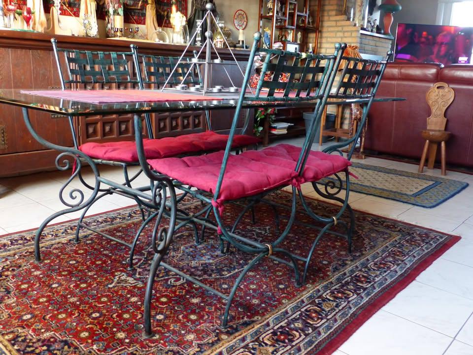 Glazen tafel in groen smeedijzer + 4 stoelen, Ophalen