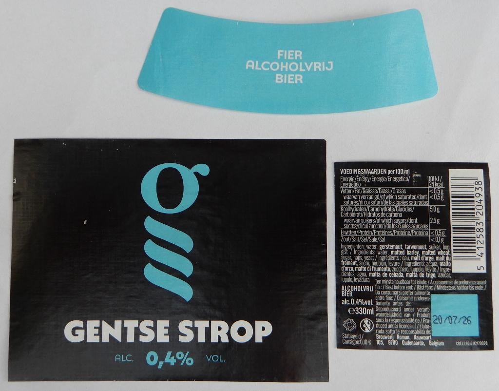 Étiquette de bière Gentse strop alc vrij Bras. Roman 13f5, Envoi, Utilisé