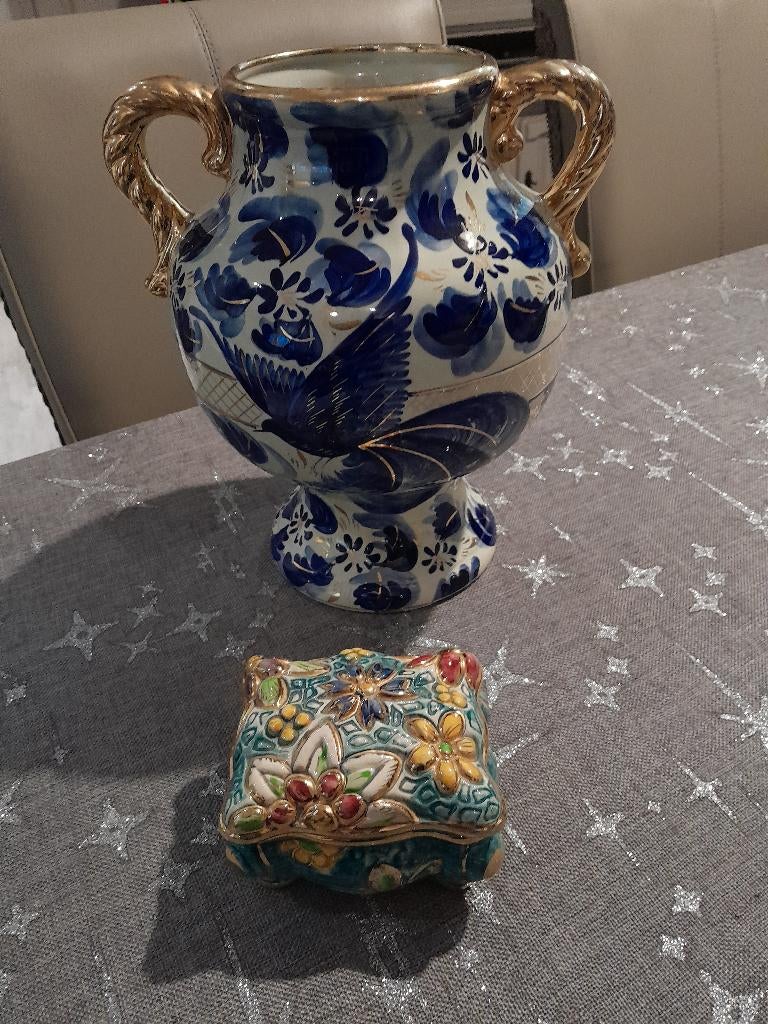 Hubert Bequet 1 blauwe vogelvaas + 1 TBE juwelendoos, Antiek en Kunst, Ophalen of Verzenden