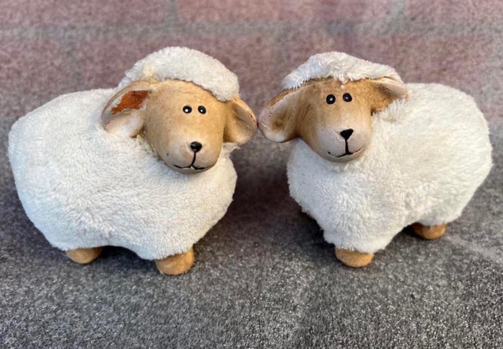 2 schaapjes in steen met vacht, Ophalen of Verzenden, Zo goed als nieuw