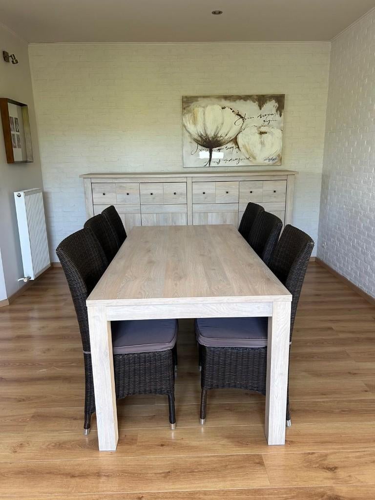 Tijdloze tafel in lichte eik en 6 stoelen, Huis en Inrichting, Tafels | Eettafels, Zo goed als nieuw, 50 tot 100 cm, 150 tot 200 cm