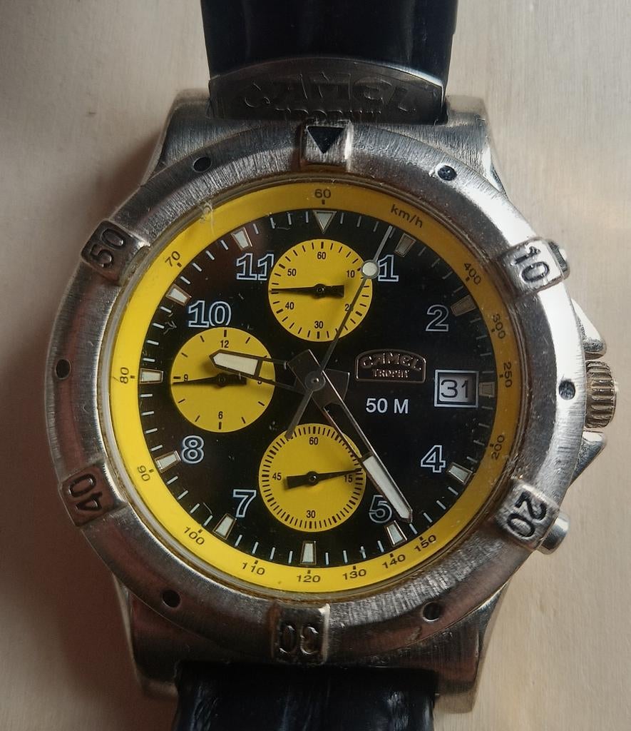 Vintage Camel Trophy horloge, jaar+/- 1995 gebruikt in goede, Gebruikt, Overige materialen, Polshorloge, Leer