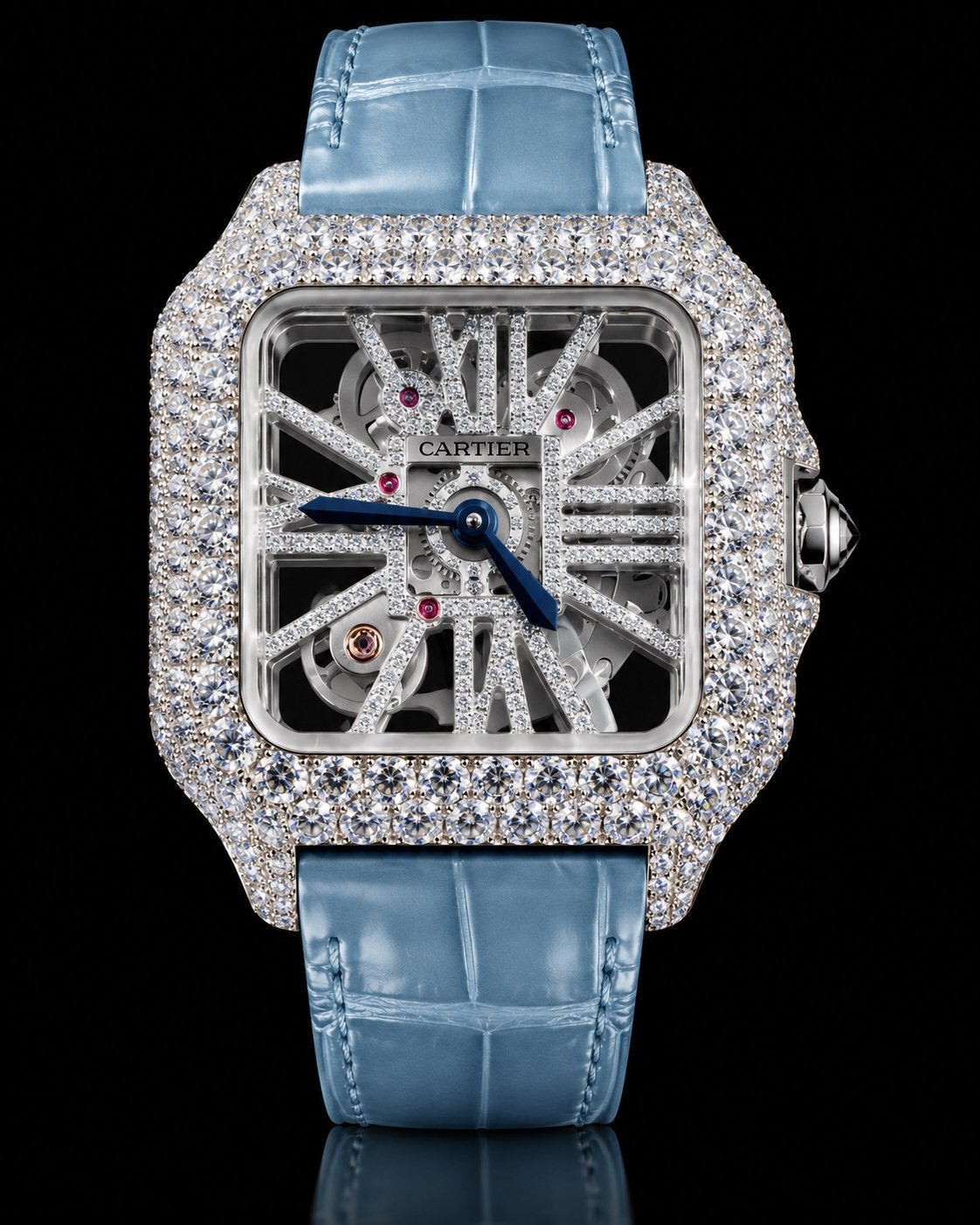 Cartier Santos Skeleton 41mm – Blue Alligator Strap, Autres marques, Enlèvement ou Envoi, Cuir, Neuf