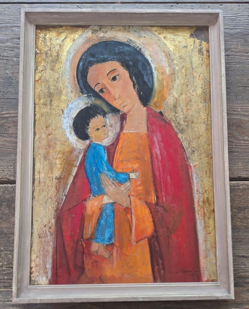 Abstract schilderij Madonna met kind, Antiek en Kunst, Ophalen of Verzenden