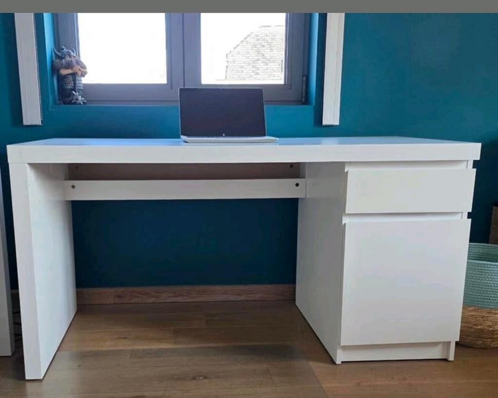 Witte MALM bureau met schuif en kastje, Ophalen, Overige typen, Gebruikt, 65 cm