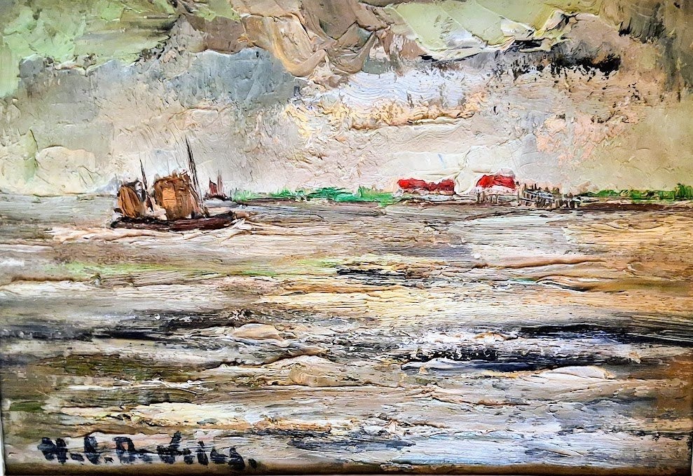 Hubert De Vries Olie op doek "de Antwerpse reede", Antiek en Kunst, Kunst | Schilderijen | Modern, Landschap, Ophalen of Verzenden