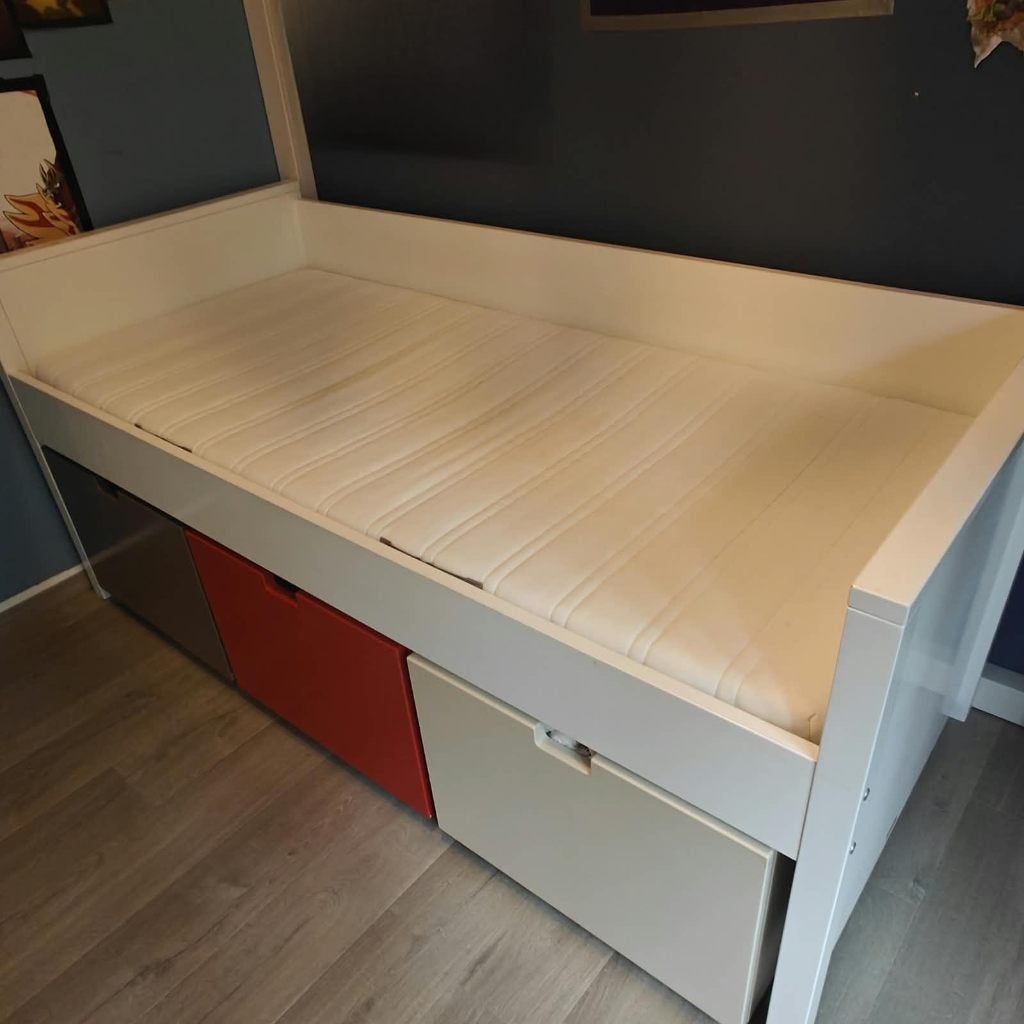 Bed met lades(90x200) incl lattenbodem en matras, 90 cm, Enlèvement, Blanc, Une personne