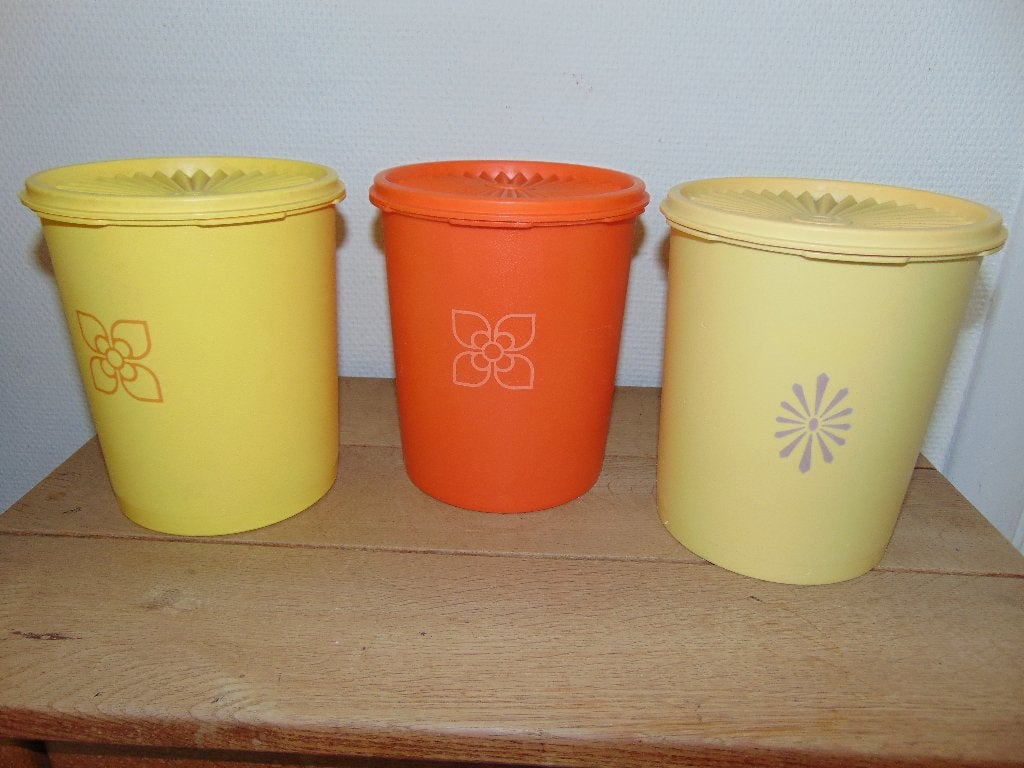 Retro Tupperware potten met zonnedeksel, Ophalen of Verzenden, Gebruikt, Overige typen, Met deksel
