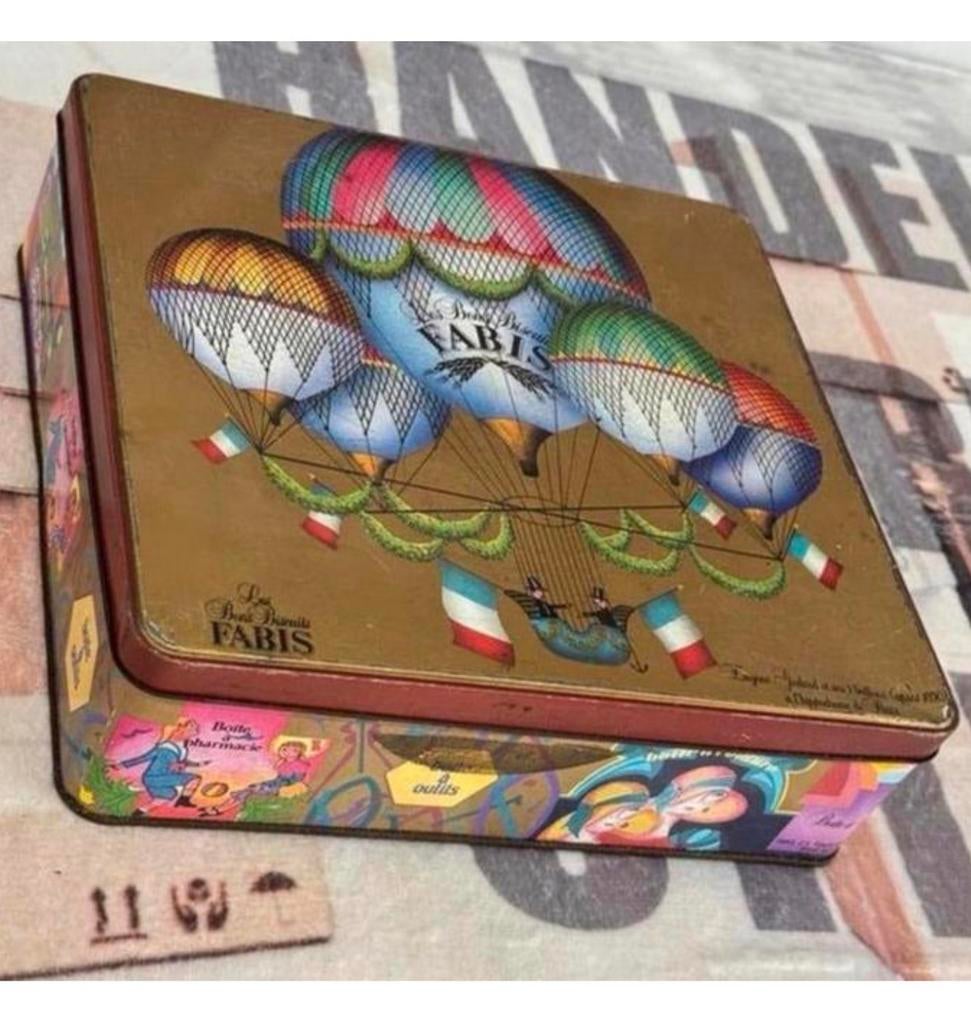 Boîte en étain vintage 1970 - Biscuits en montgolfière Fabis, Enlèvement ou Envoi, Comme neuf, Biscuits