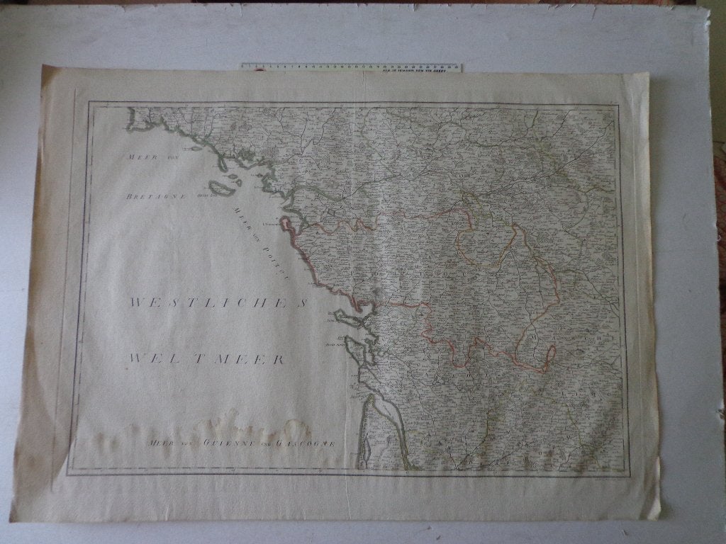 ets van oude kaart Frankrijk tussen 1790 en 1810 door Wenzl, Antiek en Kunst, Kunst | Etsen en Gravures, Ets, Handgekleurd, Cartografie