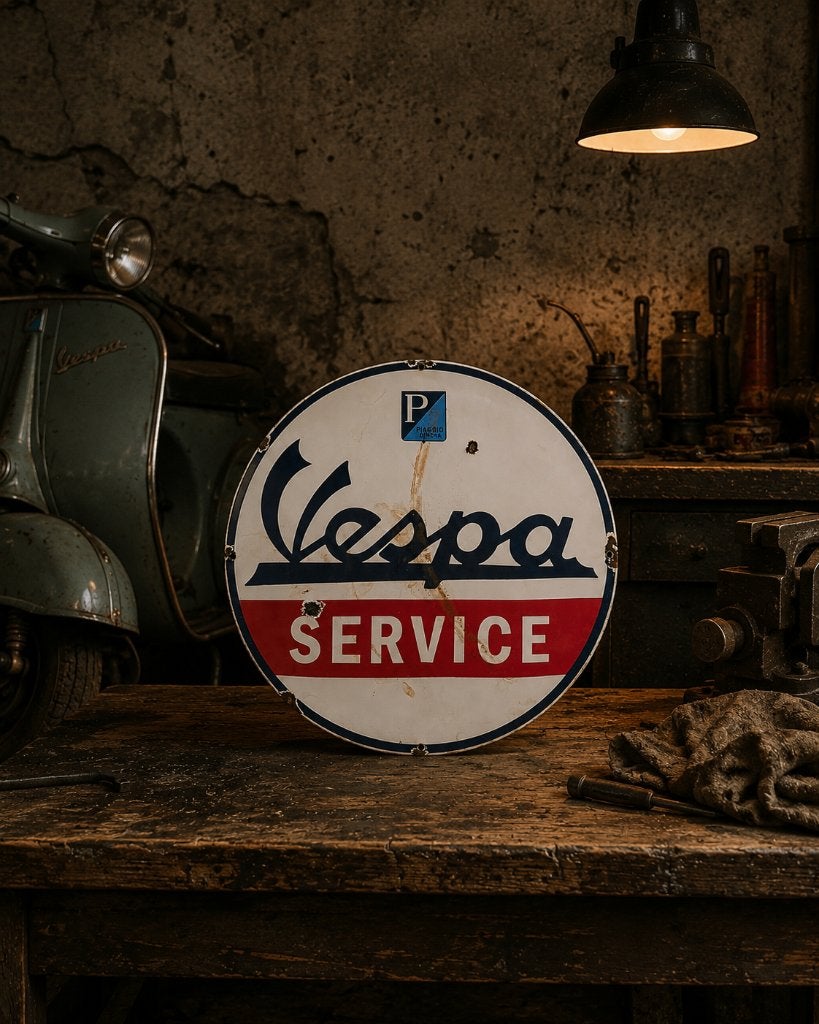 Plaque emaillee Vespa Service 30 cm / emaille bord, Collections, Enlèvement ou Envoi, Utilisé, Motos