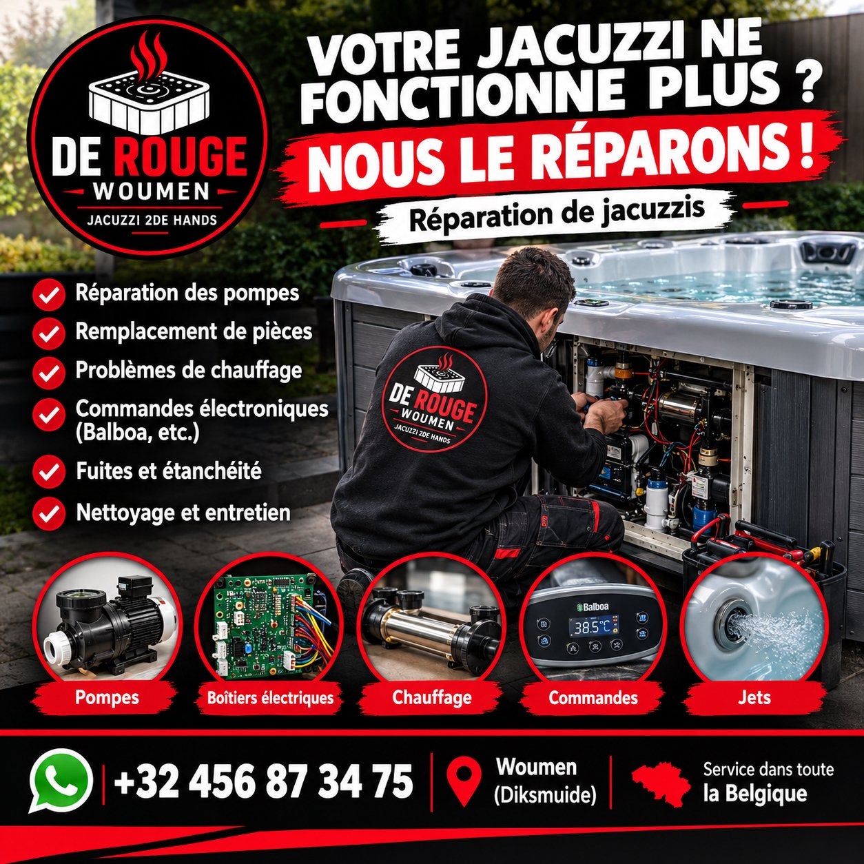 Réparation et dépannage de jacuzzis – De Rouge Spas, Jardin & Terrasse, Enlèvement, Utilisé