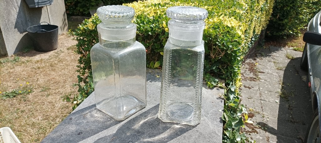 2 oude grote glazen potten (30 cm) om te koken, Gebruikt, Vintage, Ophalen of Verzenden, Glas