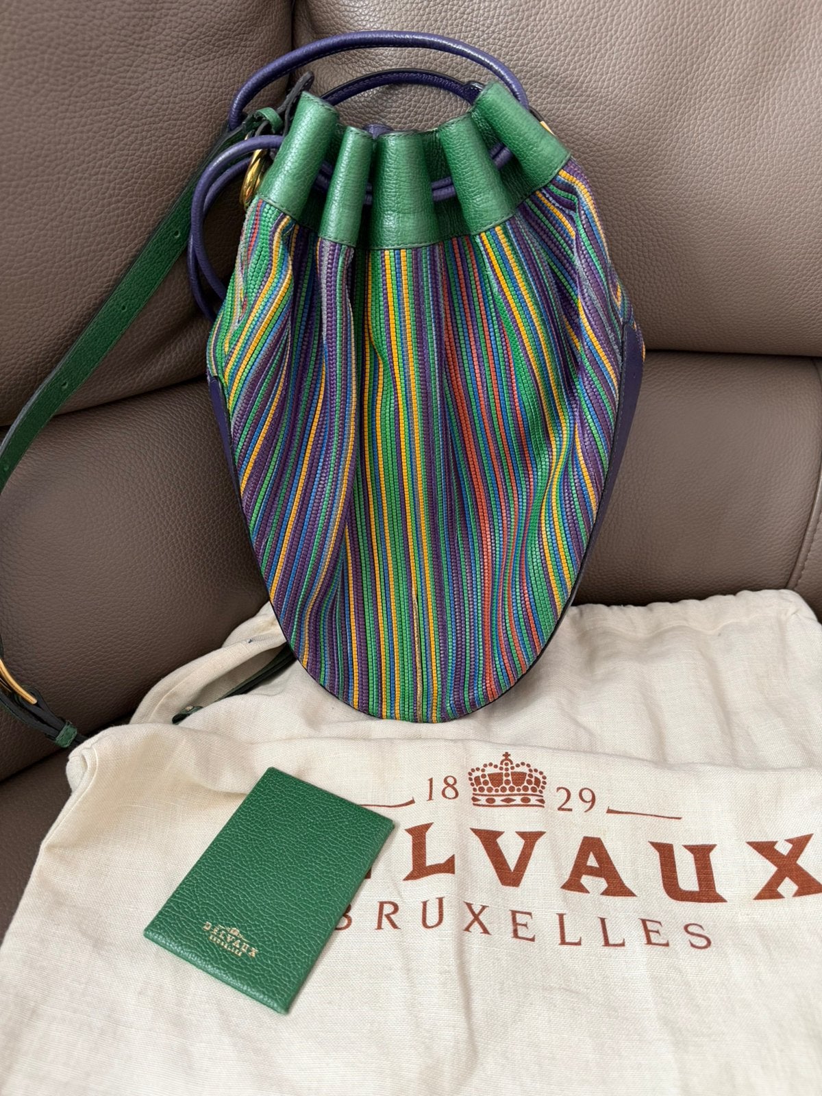 Delvaux Tabarin GM Toile de cuir vert jaune bleu, Ophalen of Verzenden, Zo goed als nieuw, Blauw