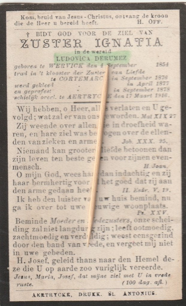 Bidprenje zuster : Wervik, Verzamelen, Bidprentjes en Rouwkaarten, Verzenden