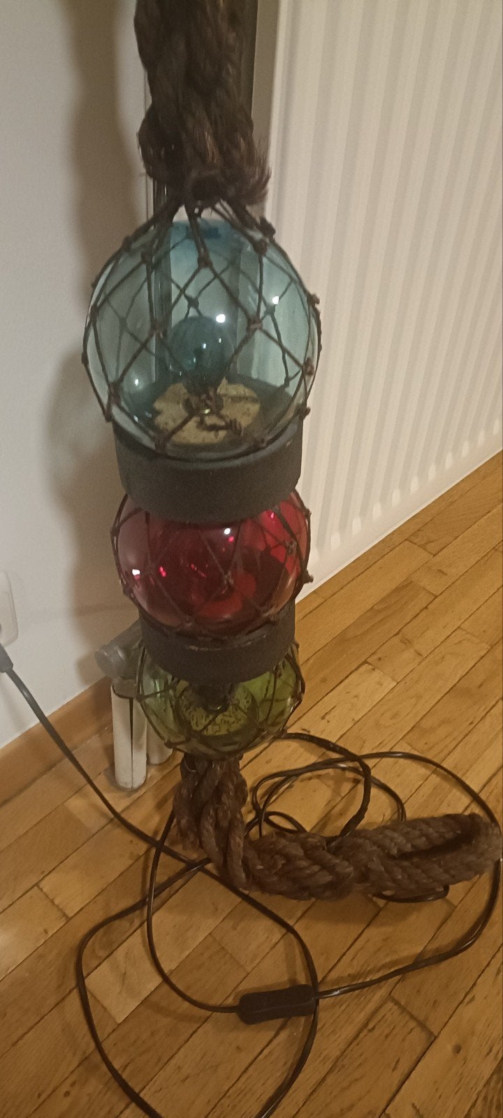 Glazen visdobbers 3 stuks vintage touwlampen, Antiek en Kunst, Ophalen of Verzenden