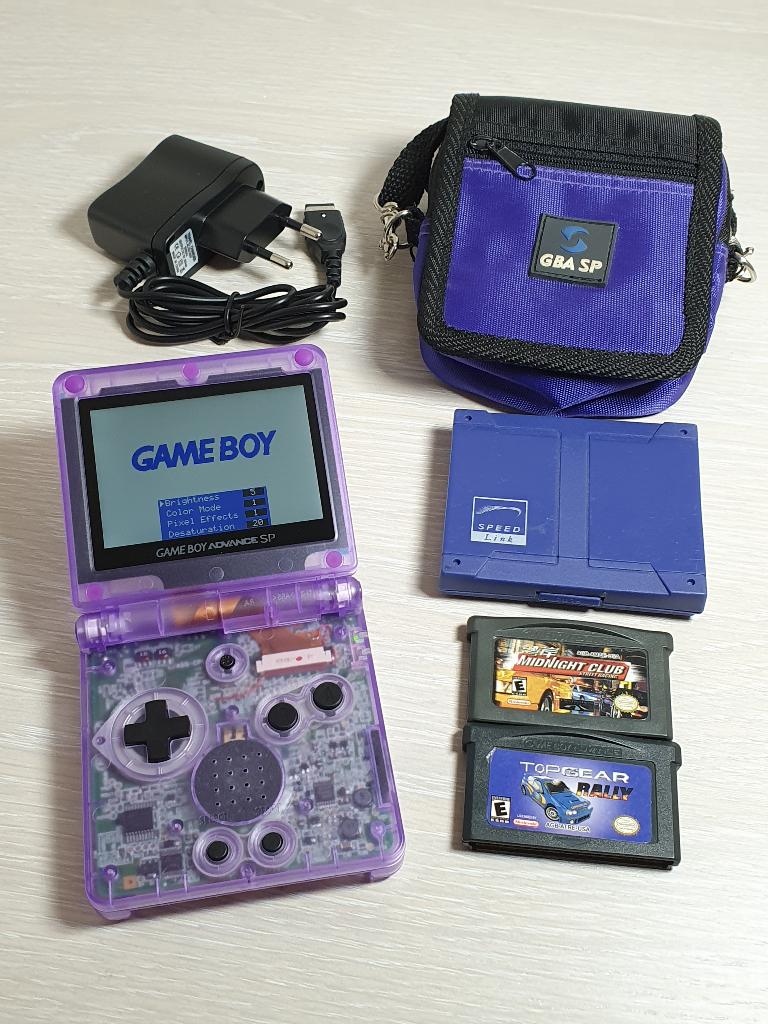 Custom GBA SP Clear Purple – IPS V5 + tas + 2 games, Ophalen of Verzenden, Zo goed als nieuw, Game Boy Advance SP, Met beschermhoes of tas