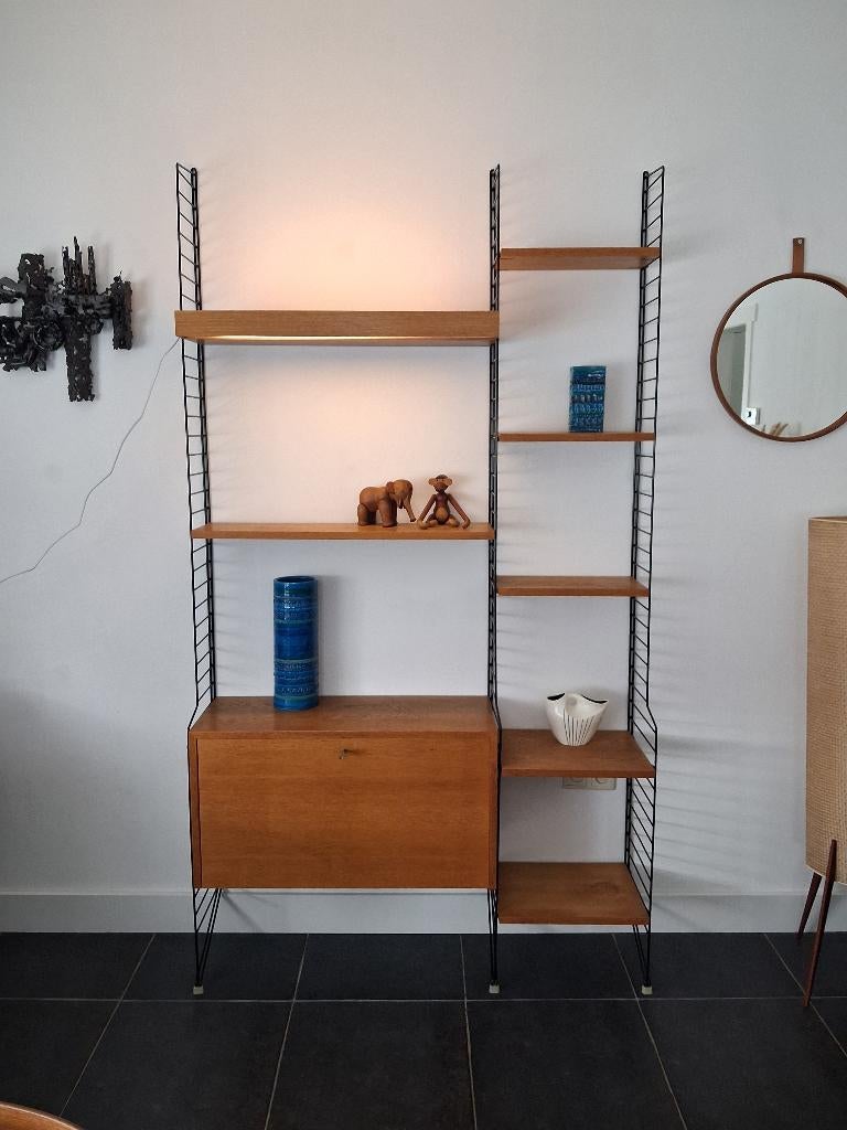 Nisse String wandmeubel met verlichting, retro jaren 60 kast, Huis en Inrichting, Ophalen, Gebruikt, 200 cm of meer, Minder dan 150 cm