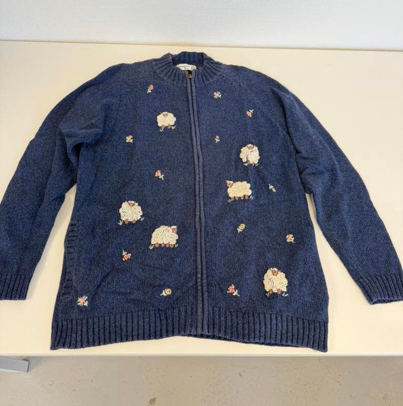 Vintage Dames Vest Wol Schaapjes Gebreid Blauw L trui cotton, Ophalen of Verzenden, Zo goed als nieuw, Maat 42/44 (L), Blauw