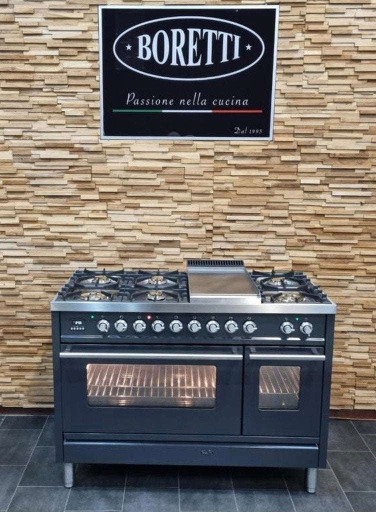 Luxe Boretti Fornuis 120cm antraciet + rvs 7 pits Frytop, Electroménager, Cuisinières, Comme neuf, Autoportant, 5 zones de cuisson ou plus