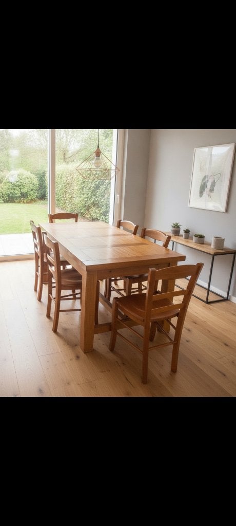 Table extensible en bois véritable + 6 chaises assorties, Maison & Meubles, Enlèvement, Rectangulaire, Chêne