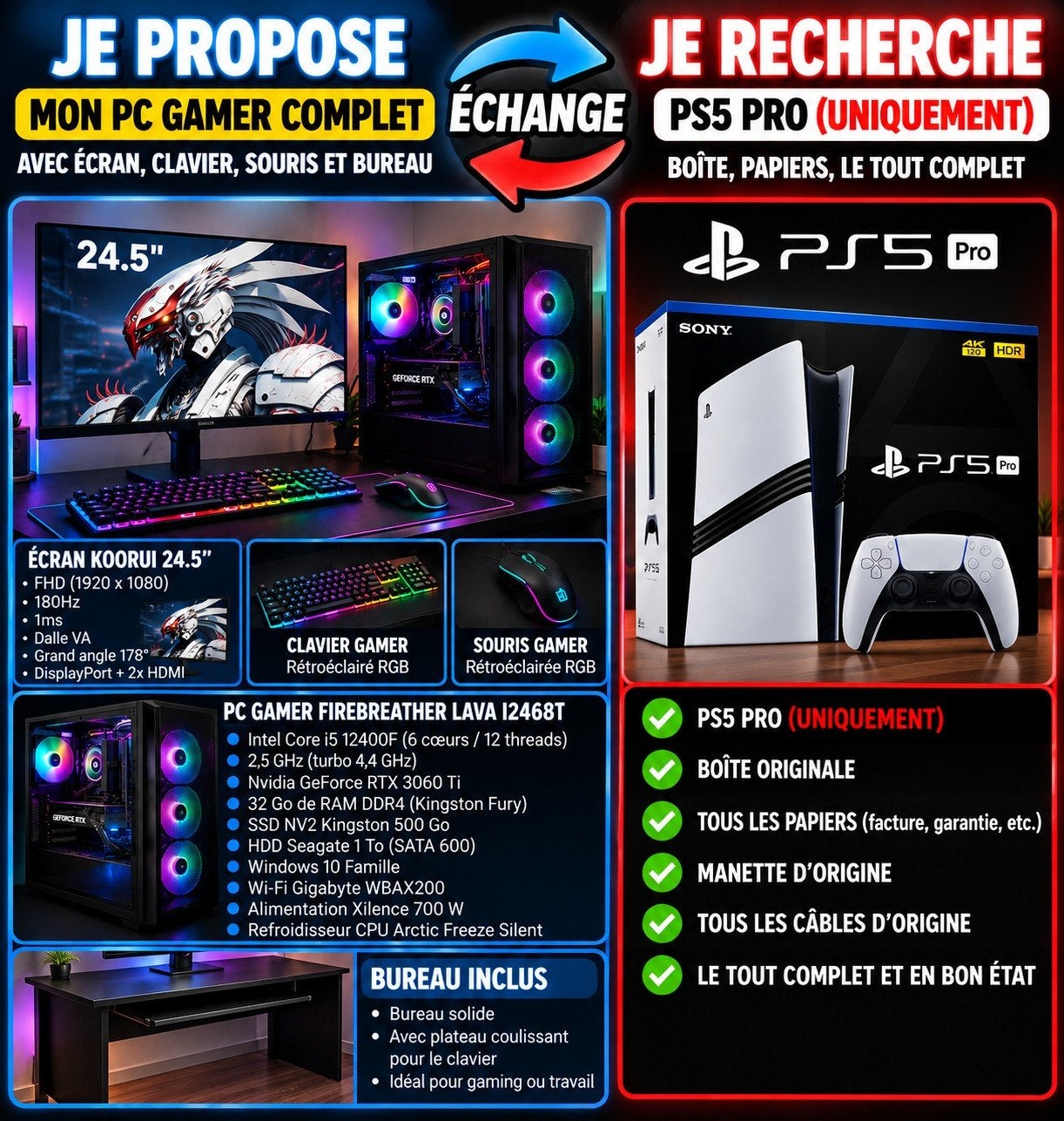 échange pc gamer contre ps5 pro, Consoles de jeu & Jeux vidéo, Enlèvement