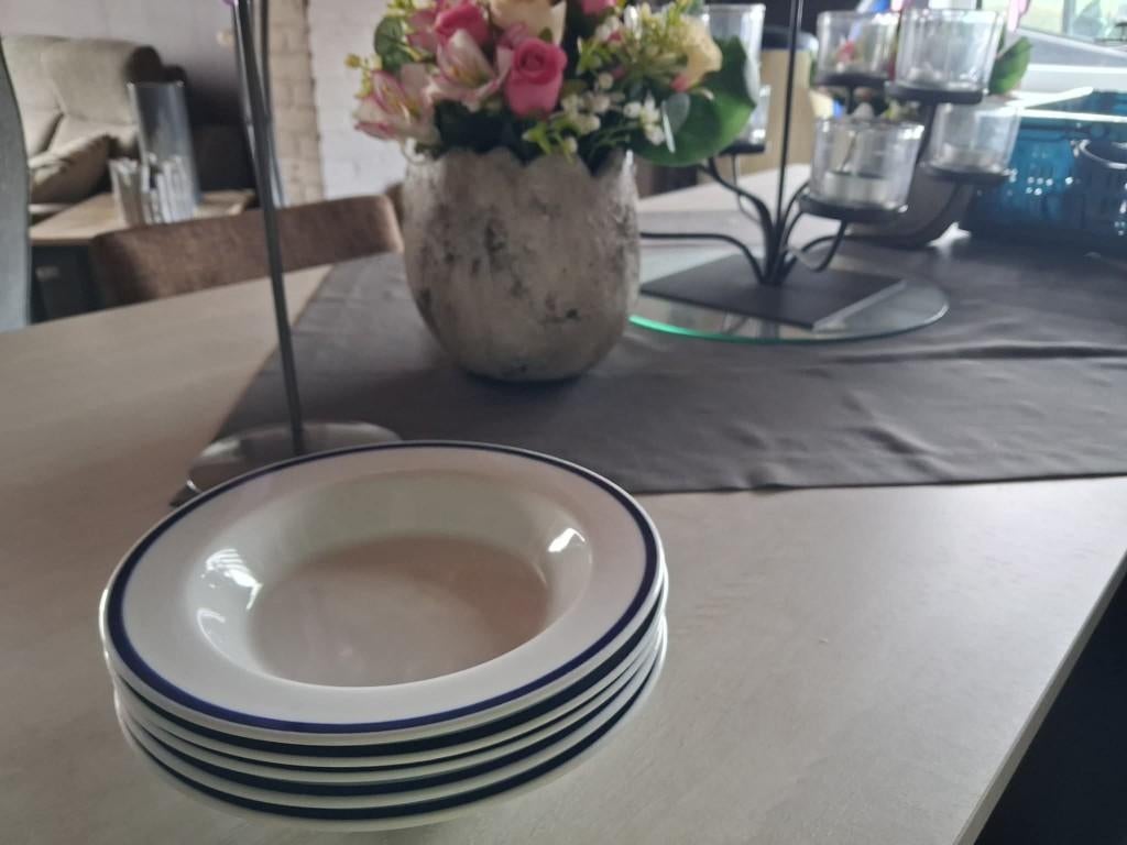5 soepborden (met blauw)  merk kahla, Enlèvement, Utilisé, Assiettes(s)