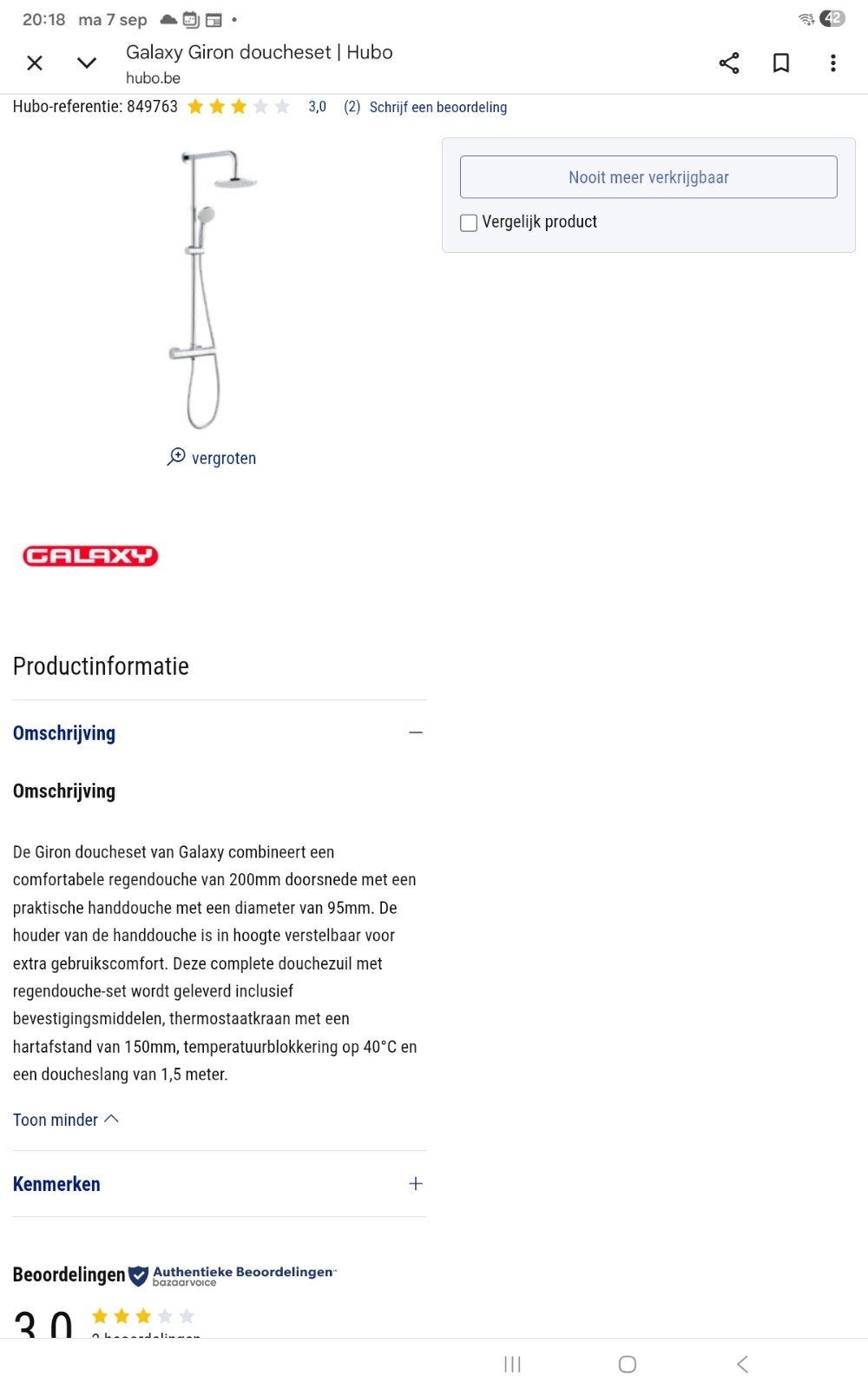 regendouche + thermostatische kraan NIEUW!!!!!, Ophalen